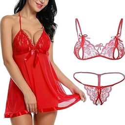 Combo Offer! Women Babydoll Nightwear Lace Bra Panty Lingerie Set (Multi-Pack (Red, Free Size, g-String)-image-82