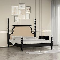 TGF Furniture Store Traditional Queen Bed with Cane Headboard – Solid Wood Frame with Turned Posts, Black Finish – Classic Vintage Bedroom Furniture-image-58