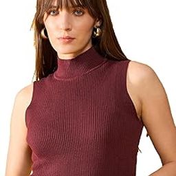 98 Degree North Women Cotton Self Design Turtle Neck Sleeveless Top-RG11124-BURGUNDY-37