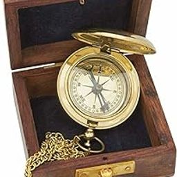 Antique Nautical Brass Compass with Wooden Box, Vintage Push Bottom Design-image-55