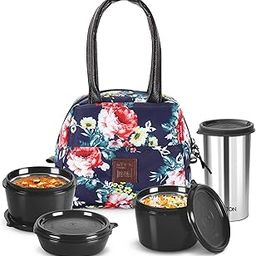 MILTON Floret Lunch Box with Insulated Fabric Jacket, 3 Microware Safe Inner Stainless Steel Containers 180ml, 320ml, 320ml &Tumbler with lid 415ml, Leakproof Tiffin for Office, College, Navy Blue-image-30