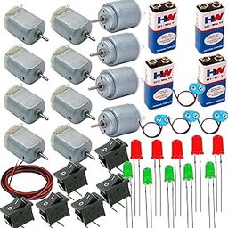 LIGHTING HUB Science Finish DIY Project Kit - 8 Toy DC Motor, 4 Round DC Motor, 4 Battery (9v) with Snap Connector, 6 Mini Rocker Switch, 10 Leds, 2m Wire, Multicolour STEM Educational Set for Kids-17