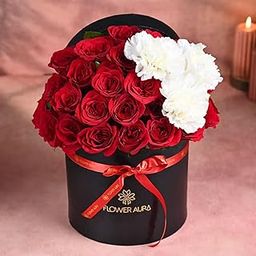 FlowerAura Premium Flower Bouquet of 25 Red Rose & 3 Carnations In Box For Birthday Gift, Anniversary Gift, Wedding Gift, Mother's Day Gift, Love & Romance Gift, Father's Day Gift (Same Day Delivery)-image-2