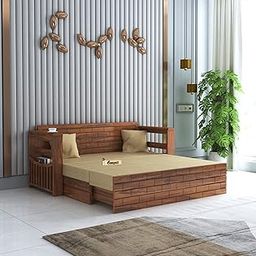 Ganpati Arts Solid Sheesham Wood 3 Seater Italian Sofa Cum Bed With Storage And Side Pockets For Living Room Wooden Sofa Bed For Home - Natural Finish 1 Year Warranty, 3-Person Sofa, Brown-image-54