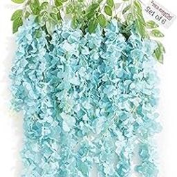 TIED RIBBONS Set of 6 Silk Wisteria Artificial Flowers Hanging Strings Vines Garlands for Home Wedding Party Decoration Garden Outdoor Events Backdrop Floral Décor (Blue, Longest String 111 cm)-image-12