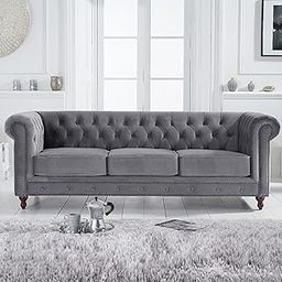 INTERIOR FURNITURE | Hand-Made Velvet 3 Seater Modern Chesterfield Button Tufted Sofa for Living Room, Office, Hallway, Bedroom(Grey) 3-Person Sofa-image-63