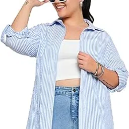 wild u Women Plus Size Shirt | Cotton Seersucker | Long Length | Striped | Casual Shirt (Blue White, Size: 3XL to 8XL)-picture-40