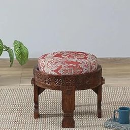 Kraft Bazaar Solid Wood Udaipur Low Seating Stool | Ottoman for Living Room | Low Seating 4 Inches Cushion Stool | Finish- Tubaq, Size- (L)-picture-21