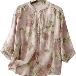 gufrina Women’s Light Rose Floral Printed Button Down Shirt with Mandarin Collar and Relaxed Fit 3/4 Sleeves-picture-1