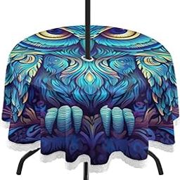 Wajiw 60 Inch Indoor Outdoor Round Tablecloth with Umbrella Hole and Zipper Waterproof Patio Table Cover for Camping Dining Room Party Outdoor Picnic,Owl-image-84