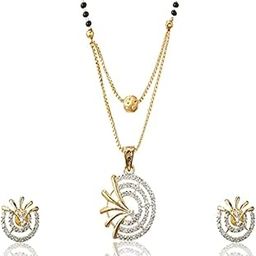 Golden Mangalsutra Pendant Set with American Diamond, Double Chain Design, Black Beads-image-97