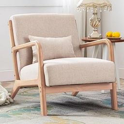 ANJHOME Mid Century Modern Accent Chair, Comfy Fabric Living Room Chairs with Solid Wood Frame, Lounge Reading Armchair, Easy Assembly, Beige-image-59