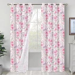 Blossom Pattern Blackout Curtains, Grommet Top Door Panels with Floral Design, White and Pink, 2 Panels, 7 Feet (N)-image-61