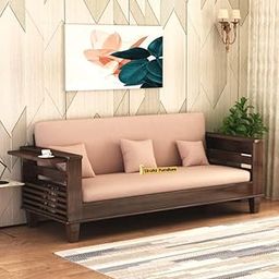 Sheesham Wood 3-Person Sofa Set for Living Room Office Home Wooden Sofa Cum Bed with Side Magzine Newspaper Holder (Walnut Finish)-image-18