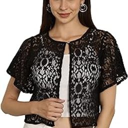 Women Stylish Front Open | Cotton Self Designed Flared Sleeves Lace Shrug 2XL Black-15
