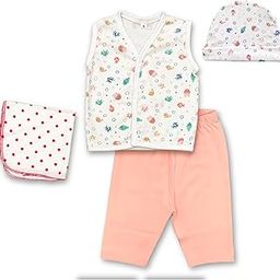 Kridlo 100% Cotton Baby Set – 1 Vest, 1 Pant, 1 Cap, 1 Napkin for Newborns (0-3 Months), Multi-Color, Skin-Friendly, Pack of 4, Soft & Breathable-22