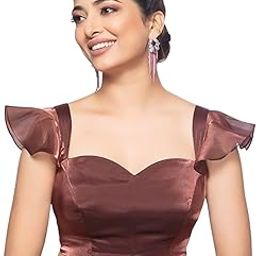 Short Ruffle Sleeves Sweetheart Neck Crush Tissue Blouse for Women (Brown)-image-2
