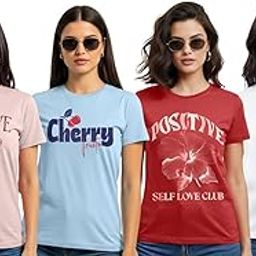 Cotton Blend Regular Fit Half Sleeve Printed Round Neck Multicolor Drop Shoulder T-Shirt for Womens & Girls (Pack of 4)-image-58