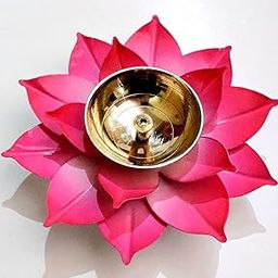 Brass Lotus Deepak for Pooja Diya for Aarti Home Mandir Office Idol for Diwali Home Decoration Item Gift, Color Pink Size 5 inch-image-20