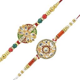 Combo Pack of 2 Rakhis Multicolor Kundan Studded Flower Designer Set With Pack of Roli-chawal n Rakshabandhan Greetings Card, Kids Rakhi-25036-1