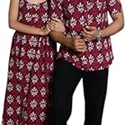 Matching Couple Set, Burgundy Floral Print Dress and Shirt, Traditional Block Print Design-2