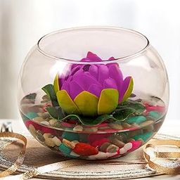 TIED RIBBONS Glass Vase for Decoration Round Glass Vessel with Faux Lotus and Natural Stones Artificial Decorative Flowers with Vase for Home Decor Living Room Bedroom Hall Office-image-81