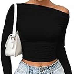 Solid Black Color Asymmetric Collar Pleated Cropped Top - Asymmetrical Neck, Ruched Design, Regular Sleeve, Casual, Long Sleeve | Full Sleeve, Crop Length, Slim Fit-image-70