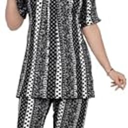 Plus Size Summer Night Suit for Ladies in 3XL, 4XL | Cotton Blend Fabric | Black & White Striped Print | Soft & Breathable Sleepwear Set for Women-88