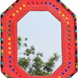 Ethnics of Kutch Handcrafted Leather Craft Punch Work Leather Craft Artistic Mirror - 32 cms Length - (Maroon 23C01A)-image-34