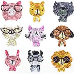 Diamond Painting Stickers Kits for Kids, DIY 5D Diamond Art Mosaic Stickers by Numbers Kits - 9 Pieces [Nerdy Animals with Specs Theme]-image-47
