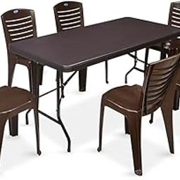 Nilkamal Celebrationz Rectangular 6 Seater Virgin Plastic Dining Table Set for Dining Room|Indoor & Outdoor |Home Office|Hotel, Café and Restaurants|1 Dining Table with 4 Chairs| Color Weather Brown-image-78