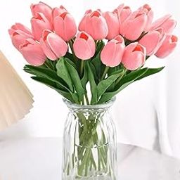 Tied Ribbons 5 Pcs Artificial Tulip Flowers Bunches For Vase (Pink, 34 Cm) Home Decoration Items For Living Room Corner Table Top Bedroom Wedding Party Decorative Gift (Vase Not Included) - Silk-26