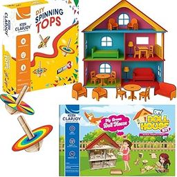 Clapjoy DIY Wooden Doll House & Spinning Top Combo – Miniature Furniture Kit with Free Paint Set | Easy to Assemble | Creative Gift Toy for Kids, Boys & Girls | Build, Paint & Play Craft Set-image-8