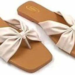 Women's Square Toe Bow Slide Sandals, Cream Leather, Flat Casual Slippers-image-14