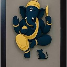 Ganesha Wall Art with Mouse, Paper Craft Frame, A4 Size, Navy Blue and Gold-image-34