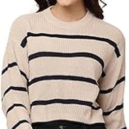 Women's Acrylic Round Neck with Full Sleeve Striped Beige Sweater-image-5