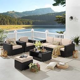 DEVOKO Outdoor 5 Piece HDPE Wicker Conversation Sofa Set with All Weather Water-Resistant Cushions, Glass Top Table & Ottoman for Garden, Poolside, Backyard(Dark Brown & Cream)-26