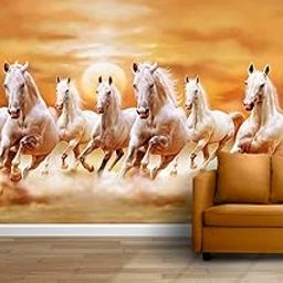 INFINITY INTERIORS 3D Wallpaper Lucky Seven Horses Running at Sunrise Hd Print Wall Painting Poster Picture Wall Sticker for Living Room, Bedroom, PVC Vinyl, Multicolor, self-adhesive, 45 cm-16