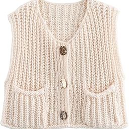 Women's Sleeveless Cropped Knit Cardigan 2025 Casual Button Down Crochet Sweater Vest Tops with Pockets-27