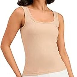 Beige Ribbed Square Neck Tank Top-image-1