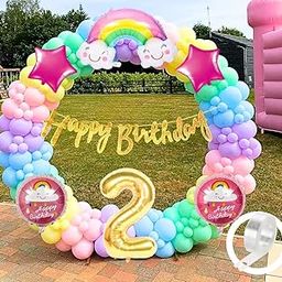 Flyloons Latex Rainbow Theme 2Nd Birthday Decorations Kit Girls Boys Kids Baby Girl For 2 Year With Number Rainbow Pink Star Pink Purple Yellow Blue Green Pastel Balloons Happy Gold Banner, 58 Pcs-picture-2