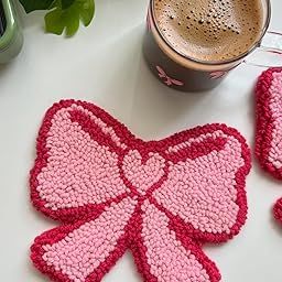 Handmade tufting Cute Coasters | Unique Design Coaster for Tea Cups Coffee Mugs Cans Bottles | Supersoft and Lightweight Coasters (Set of 2) (Dark Pink Bow)-image-2