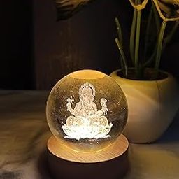 APNIMARKET 3D Crystal Ball Night Lamp with Ganesha Engraving - Gifts for Woman & Man, Study Lamp, Ideal for Housewarming, Birthdays, Diwali, Rakhi, New Home Décor, Wooden Base-image-91