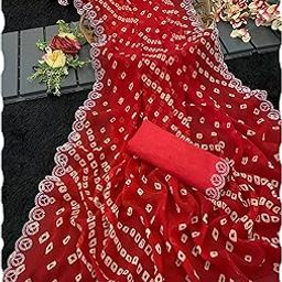 Bandhani Printed Georgette Stone Work Border Saree with Unstitched Blouse Piece | Lightweight Elegant Bandhani Printed Sari | Stylish Wear for Women-image-12