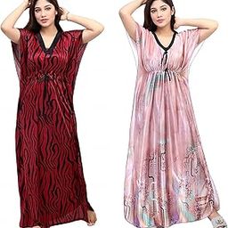 Women's Silk Geometric Print Maxi Kaftan Night Gown (Pack of 2)-image-75