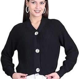 Women's Black Knitted Button-Down Sweater, Long Sleeves-image-3