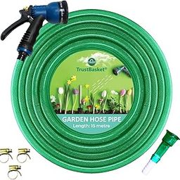 TrustBasket Heavy Duty Highly Durable PVC Plain Green Braided Water Hose Pipe (15 Meter) with 7 Pattern Sprayer Gun & 3 Clamps (1/2 inch Pipe) - Easy to Connect for Home Gardening, Lawn, Car Wash-0