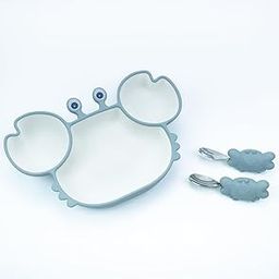 Black Olive Crab Silicone Suction Dinner Set Plates for Baby & Toddlers with Feeding Spoon and Fork Set | Baby-Led Self Feeding Training Divider Plate with Easy Grip Handle Spoon & Fork (Light Blue)-3