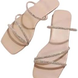 Women's Glitter Strappy Flat Sandals, Square Toe Slip-On Slides, Available-image-42