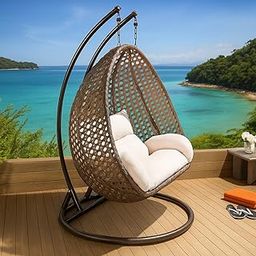 TIKKOST Wrought Iron Outdoor Double Seater Swing with Stand, Black Frame with Dark Brown Cushions, 120 x 180 cm (Golden/Beige)-image-41